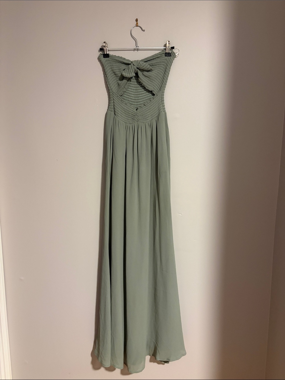 Reformation Strapless Sage Green Maxi Dress with Knotted Bust